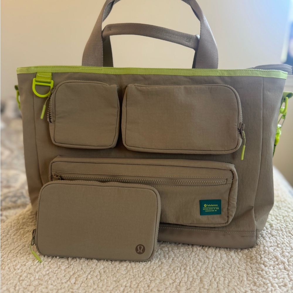 Lululemon Tan Tote Bag with Lime Accents